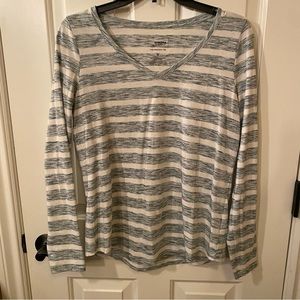 Gray & White Striped V Neck Long Sleeve